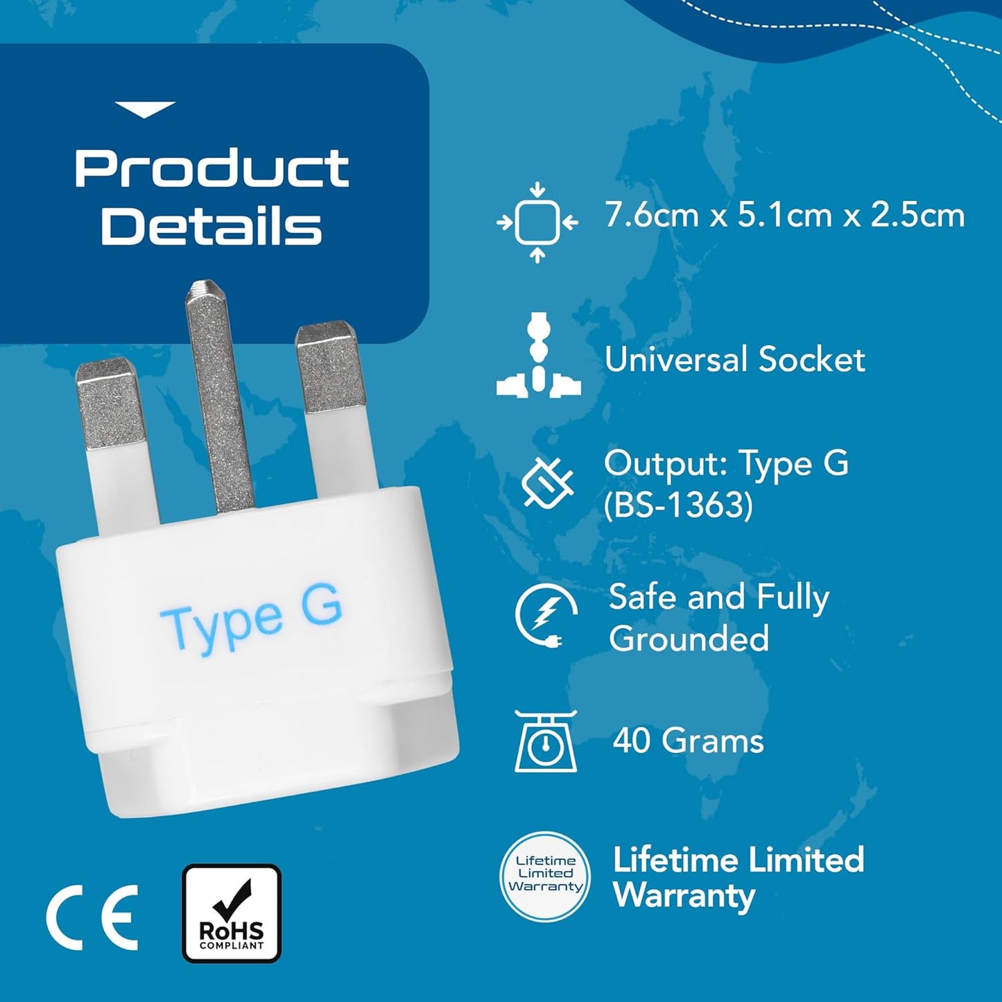 UK, Hong Kong, Ireland, UAE Travel Plug Adapter (Type G) - 3 Pack [Grounded & Universal] (GP-7-3PK)