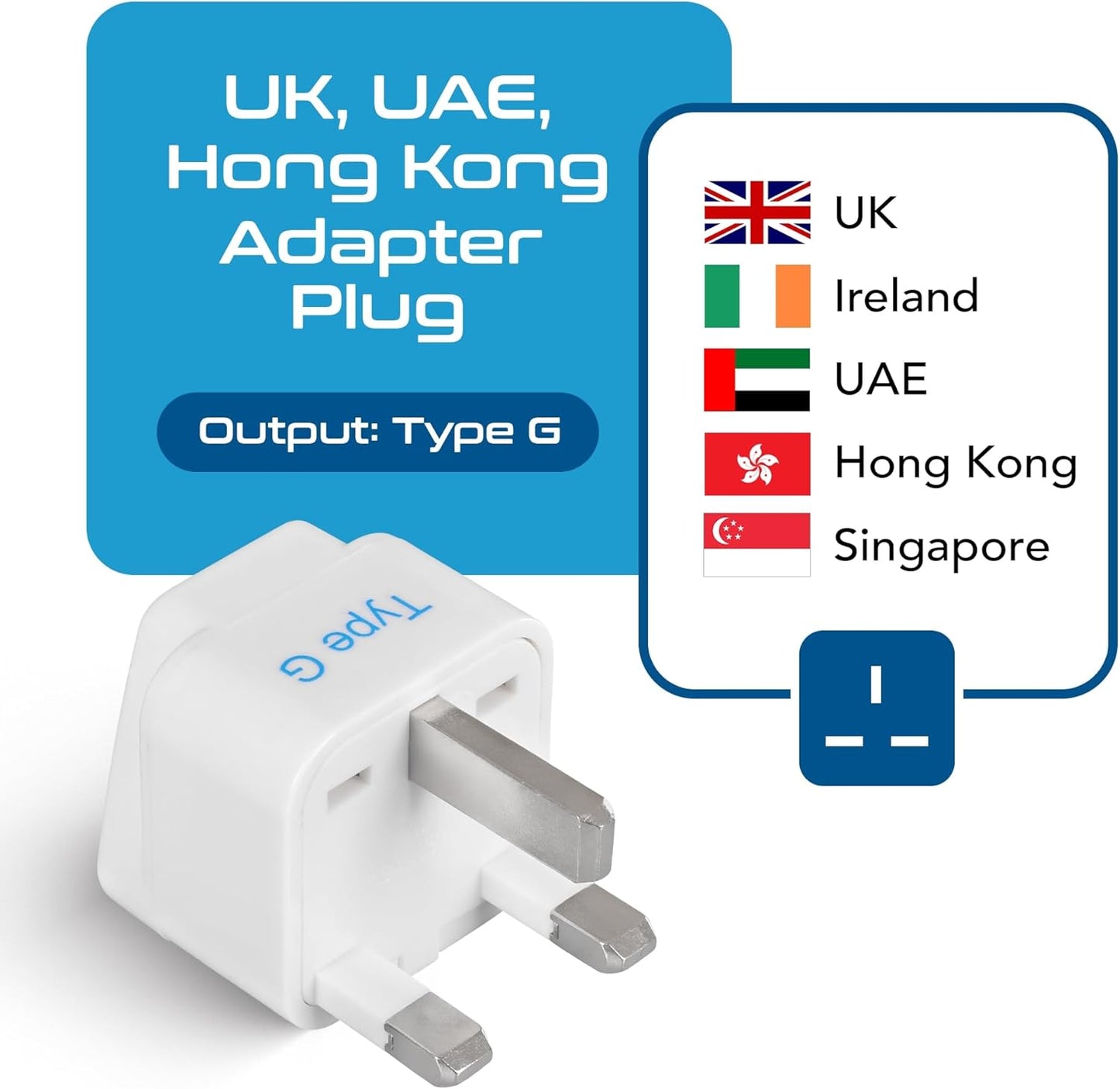 UK, Hong Kong, Ireland, UAE Travel Plug Adapter (Type G) - 3 Pack [Grounded & Universal] (GP-7-3PK)