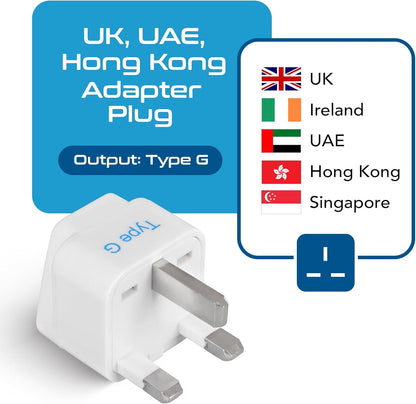 UK, Hong Kong, Ireland, UAE Travel Plug Adapter (Type G) - 3 Pack [Grounded & Universal] (GP-7-3PK)
